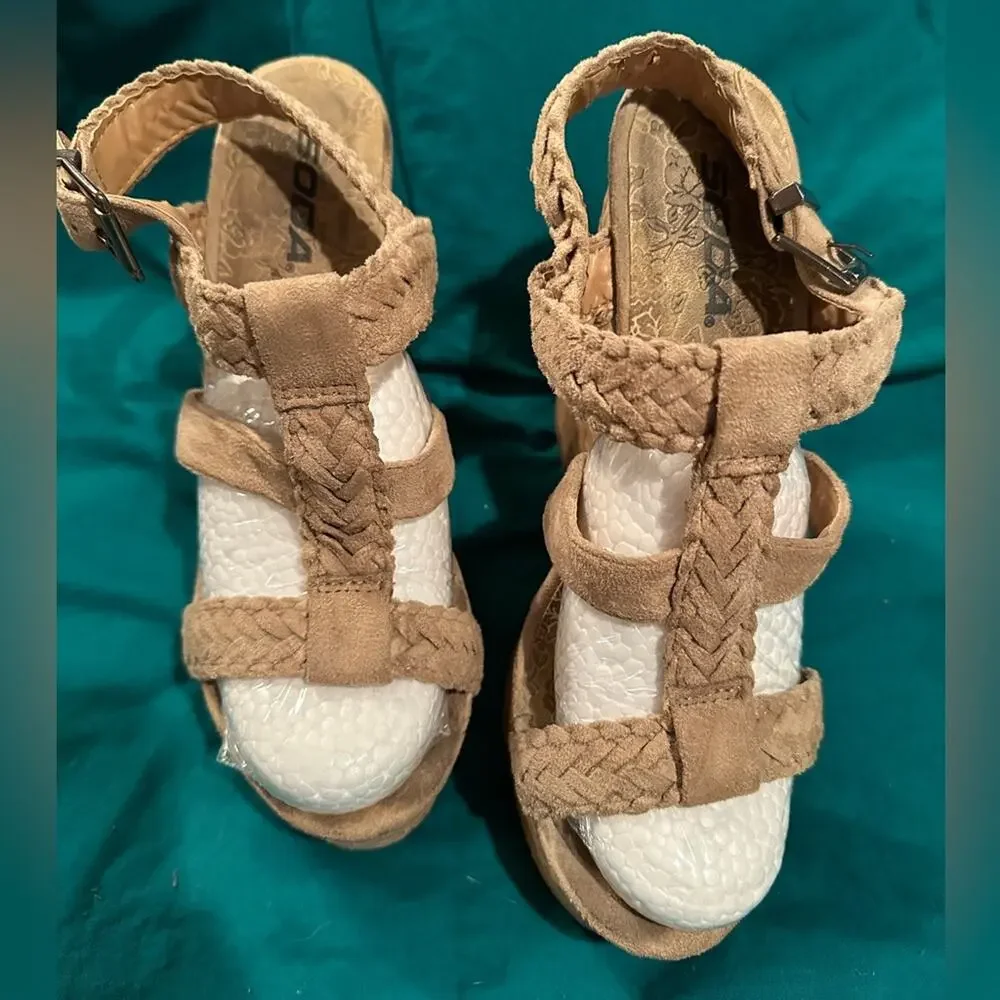 Y2K Soda Sotto-S Wedge in Stone Platform Woven Cork Espadrilles Sandals sz 9